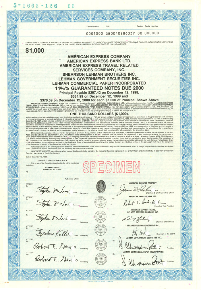 American Express Co. - 1985 dated $1,000 Specimen Bond - Many Facsimile Signatures